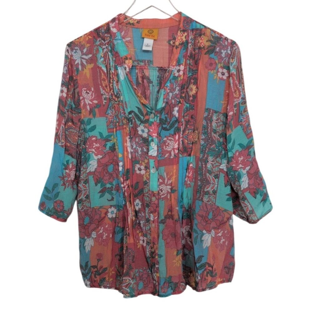 Ruby Rd Floral Pintuck Shirt Womens Size Large Pink Patchwork 3/4 Tab Sleeves - Picture 4 of 7